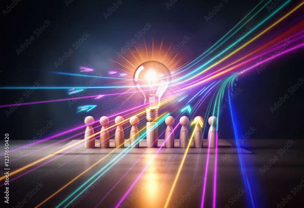 Poster a double exposure image shows colorful light trails converging on a glowing lightbulb above small wo
