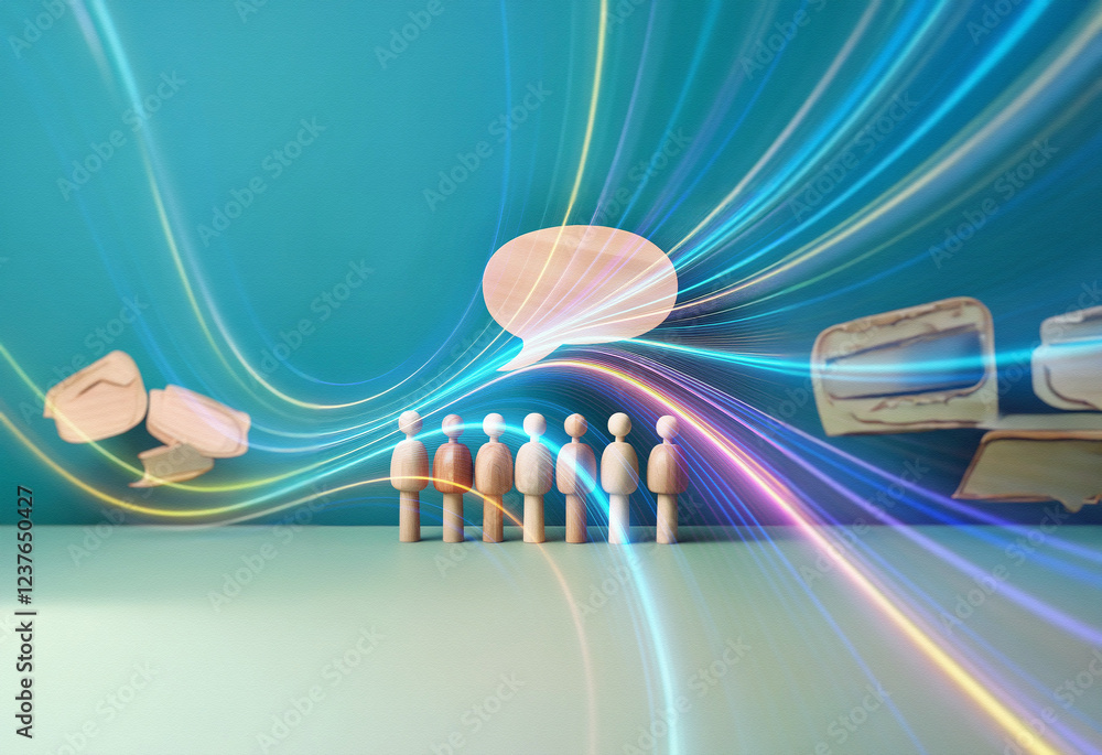 Poster a double exposure image showcases wooden figures connected by vibrant light streaks, symbolizing com