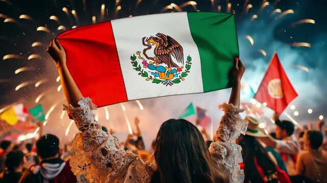 Mexican celebration with woman holding flag at night festival with fireworks Happy Cinco de mayo