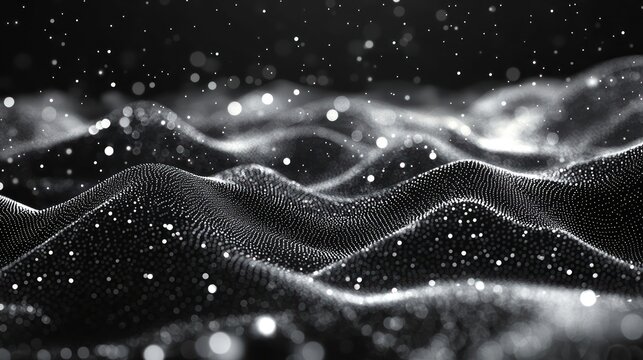 Silver particles flowing, dark background, abstract landscape, digital art