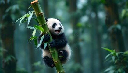 Adorable Panda Cub Climbing Bamboo in Lush Forest