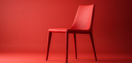 Red contemporary dining chair placed against a red background with fine details of the fabric and legs in