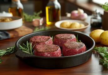 Freshly Cooked Fillets on a Skillet with Herbs and Ingredients