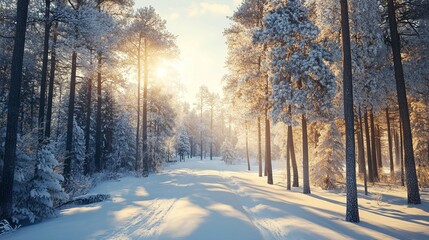 A Sun-Drenched Winter Wonderland. Snow-Covered Pine Trees Line A Path Bathed In The Golden Light Of Sunrise.  Peaceful And Magical.