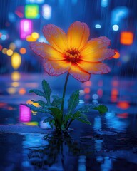 Flower of Hope Blooming Brightly in City Rain Puddle at Night