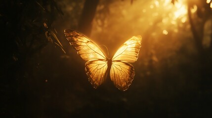 Golden butterfly in sunlit forest.