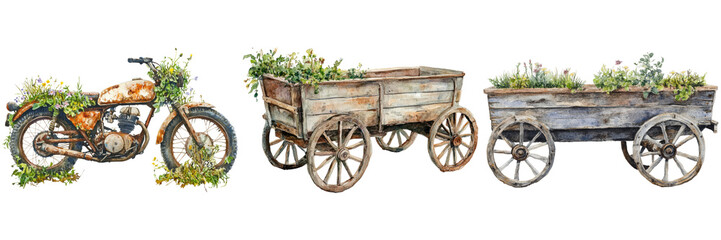 Vintage Motorcycle and Wooden Carts Filled with Greenery and Flowers