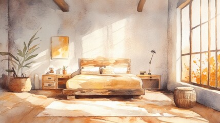 Sunlit Watercolor Bedroom Interior Tranquil Morning Scene