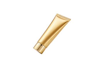 A glossy tilted gold tube with its cap perfectly intact, reflecting light elegantly, isolated on a transparent background. Perfect for skincare promotion