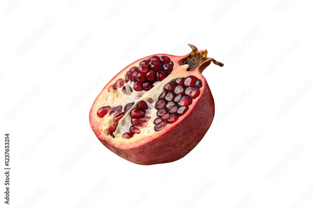 Poster a single pomegranate half revealing clusters of ruby-red seeds, contrasting against its cream-colore