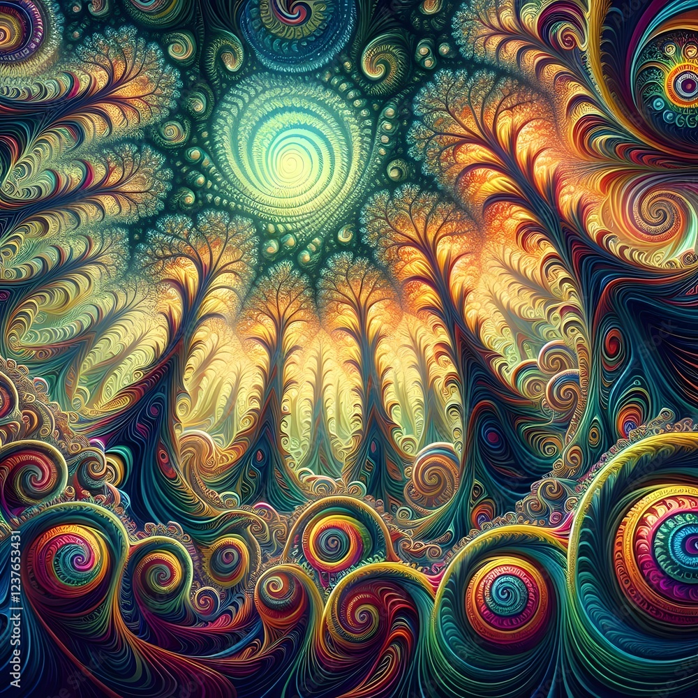 Wall mural a psychedelic forest, where the trees bend and swirl into fractal patterns, their leaves morphing in