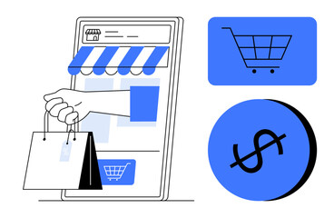 Hand holding shopping bags emerges from a smartphone, representing online shopping. Includes cart and dollar sign icons. Ideal for e-commerce, retail, mobile purchasing, online business, financial