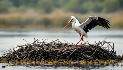 Fototapeta premium Wood Stork on Nest Lake Nature Wildlife Photography