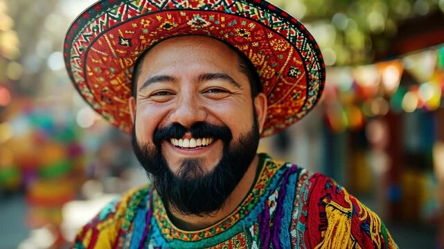 Hispanic man in colorful traditional attire smiling with maracas at cultural festival Happy Cinco de mayo