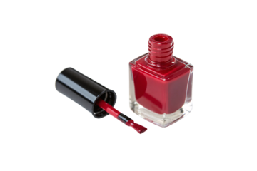 A vibrant red nail polish bottle with its black cap removed, revealing a brush dipped in glossy polish, ready for application, isolated on a transparent background