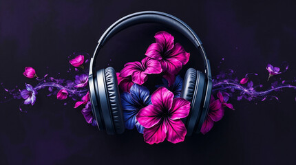 Wireless headphones float against a dark background sound waves morphing into flowers