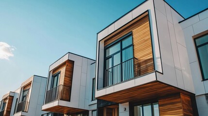 Modern Townhouses With Clean Lines, Wood Accents, And Large Windows Stand Against A Bright Blue Sky.  A Perfect Example Of Contemporary Architecture.