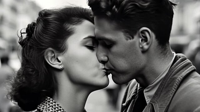 young couple kissing in paris in 1950s. monochromatic vintage