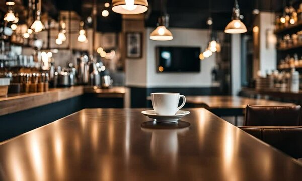 Modern cafe interior with wooden tables and bar stools.