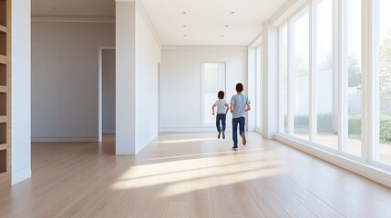 Fototapeta premium Kids running in joy through an new house towards window corridor