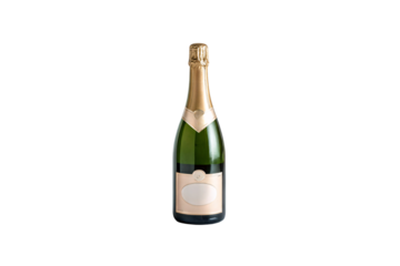 Elegant champagne bottle with gold foil, green glass, and blank label, exuding sophistication for celebratory occasions, isolated on a transparent background