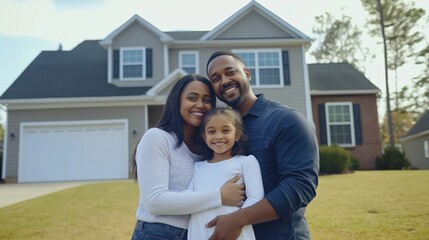 Happy family stands in front of their new house with  smiling faces