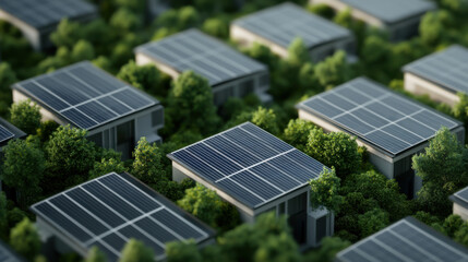Aerial view of modern buildings with solar panels surrounded by greenery, showcasing sustainable energy solutions and eco friendly architecture