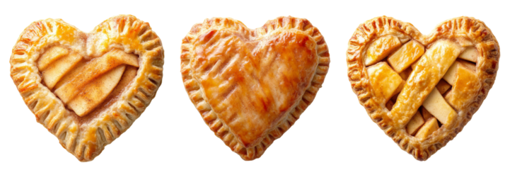 Three heart-shaped pastries, each uniquely designed with golden-brown crusts and different fillings, showcasing a delightful assortment.