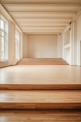 Fototapeta premium An empty dance studio with bright, clean backgorund in minimalist design. A large stage is at the back of the room, with wooden steps leading up to it. 