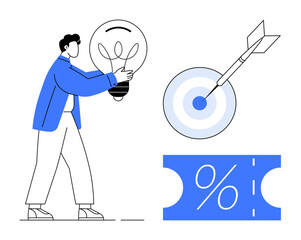 Person holding a lightbulb, target with dart, and percentage sign on a blue coupon. Ideal for innovation, strategy, ideas, goal setting, marketing discounts business planning. Abstract line flat