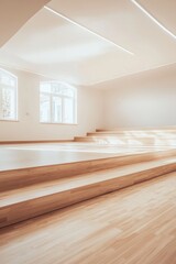Fototapeta premium An empty dance studio with bright, clean backgorund in minimalist design. A large stage is at the back of the room, with wooden steps leading up to it. 