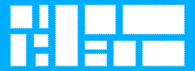 White postage stamp set. Poststamp frames or borders. Rectangle or square template for mail, postcard, letter, note. Jagged wavy edge forms. Vector zigzag rectangular objects for badge, sticker, photo