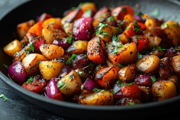 Roasted potatoes, peppers, onions; skillet; dark background; breakfast recipe