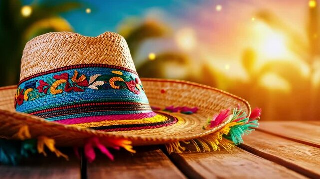 Colorful mexican sombrero on wooden table with sunset background Happy Cinco de mayo