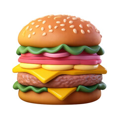Colorful Cartoon Style Hamburger with Lettuce, Cheese, and Tomato, isolated on transparent background