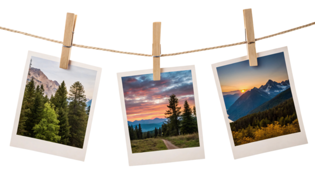 Three Polaroid-style landscape images hanging on a string, depicting lush green forests, a dramatic sunset over mountain peaks, and a breathtaking sunrise scene, isolated on a transparent background