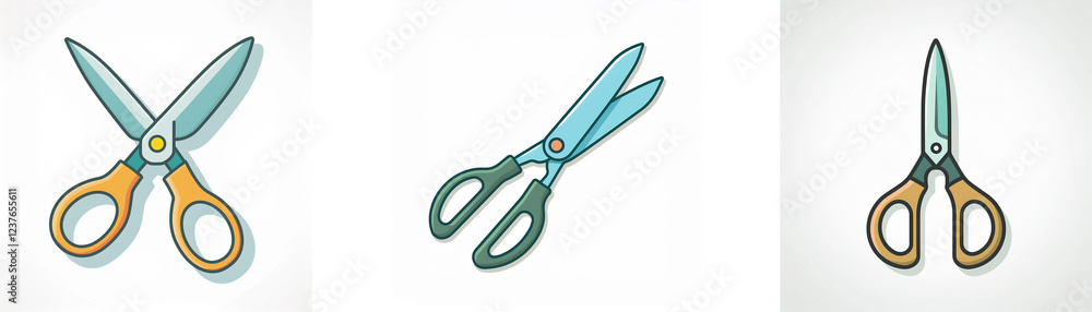 Poster three illustrations of scissors with varying designs and handle colors. they showcase different type