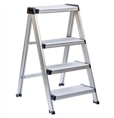 Aluminum stepladder, three steps, home improvement, white background, DIY project