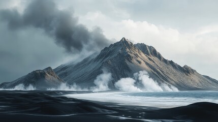 Icelandic Volcanic Landscape: Dramatic Coastal Mountain with Eruption Smoke