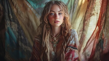 Enchanting Bohemian Woman with Long Blonde Hair and Antique Jewelry