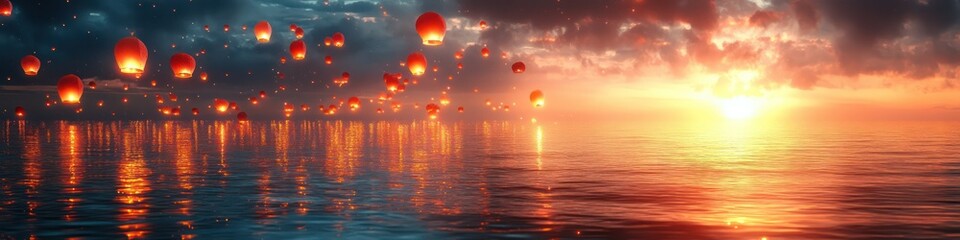 Obraz premium Enchanted Sunset: Sky Lanterns Dance on Calm Waters