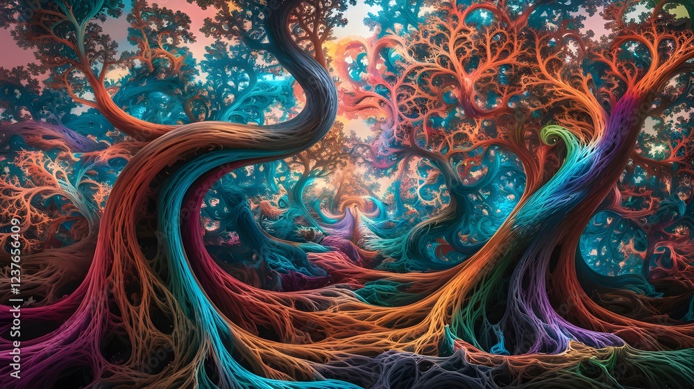 Wall mural a psychedelic forest, where the trees bend and swirl into fractal patterns, their leaves morphing in