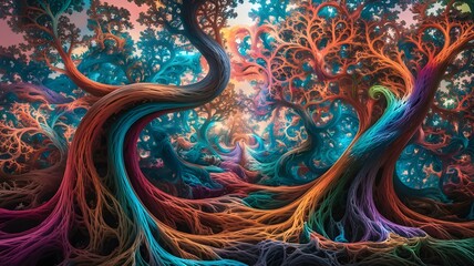 A psychedelic forest, where the trees bend and swirl into fractal patterns, their leaves morphing into colorful spirals