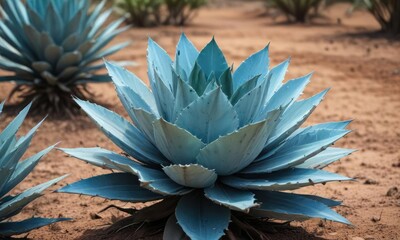 Fototapeta premium Mature blue agave plant with large, succulent leaves in a field , Xeriscaping , Prickly Plants