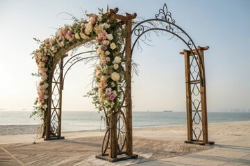 Fototapeta premium Metal and wood fusion wedding archway adorned with flowers and vines, outdoor wedding decor, metal and wood fusion, vines, floral decorations