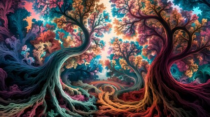 A psychedelic forest, where the trees bend and swirl into fractal patterns, their leaves morphing into colorful spirals