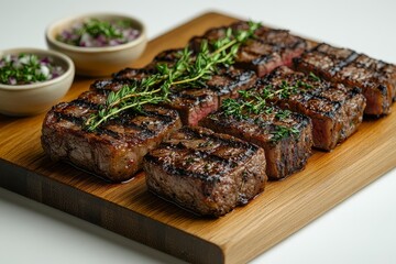 Sliced grilled steak isolated on a white background, studio shot, showcasing high quality and detail.