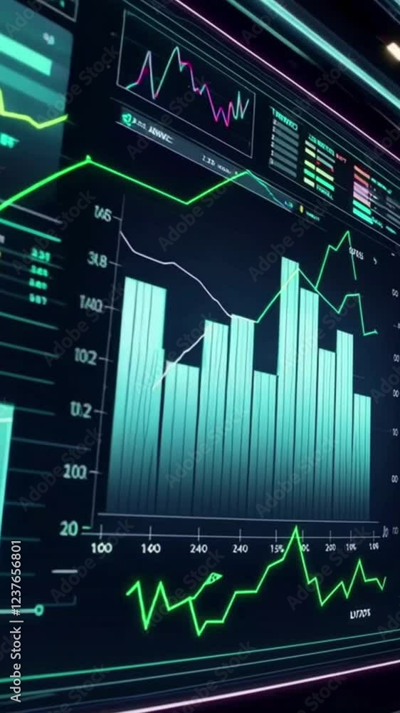 Poster digital financial data visualization with charts and graphs showcasing stock market trends and perfo