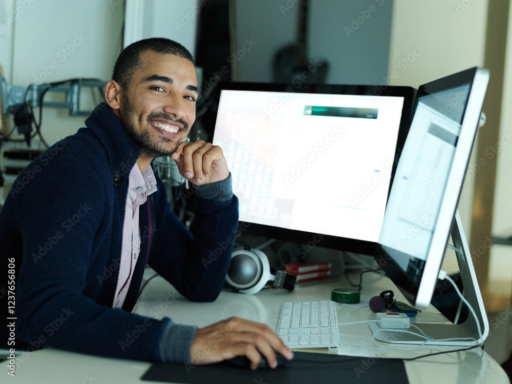 Aufkleber Computer screen, portrait and smile of programmer at desk in office for coding or web development. Business, design and internet with happy programming employee in workplace at night for deadline