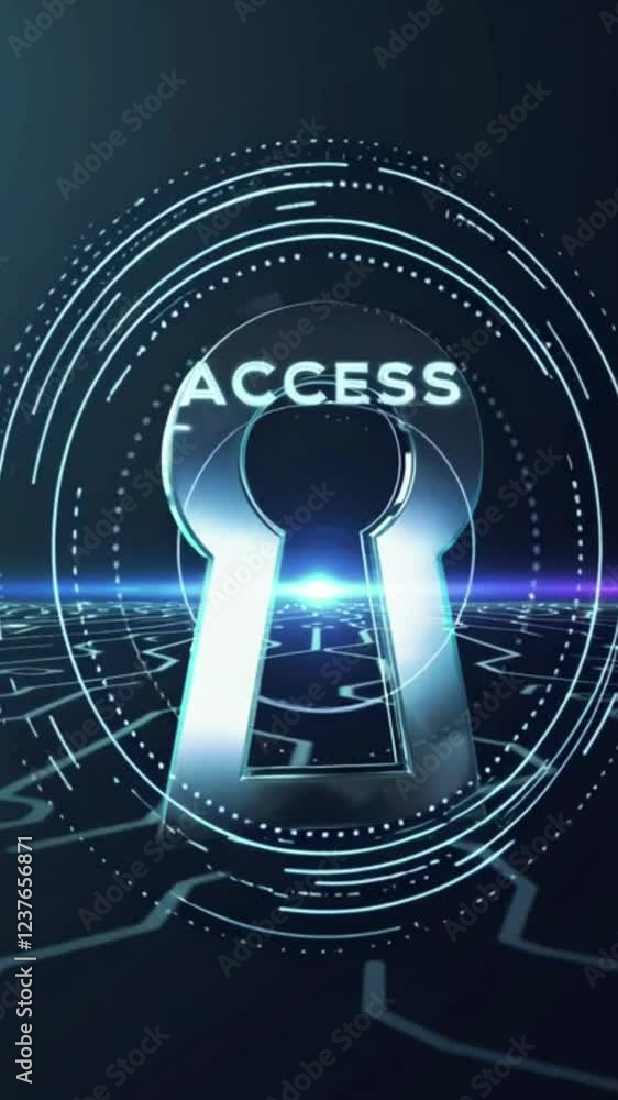Poster metallic keyhole design emerging from digital lines in a cyber futuristic landscape representing sec